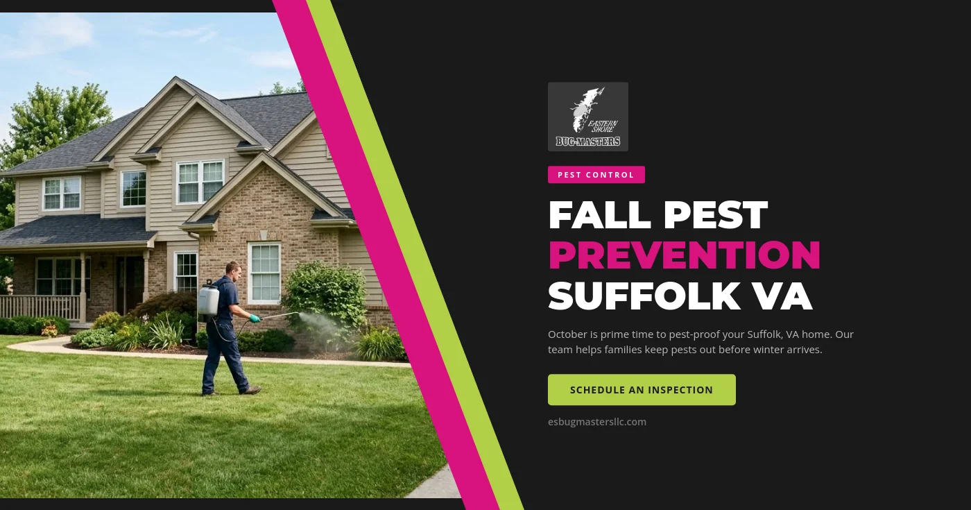 A pest control technician inspects an exterior door threshold at a Suffolk, VA home for signs of fall rodent activity.